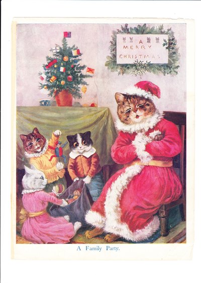 Une fête de Noël de chats par Louis Wain avec un père chat anthropomorphisé habillé en Père Noël entouré de petits chats et d