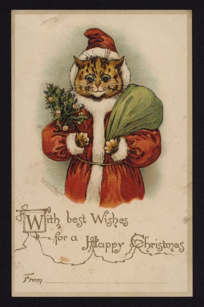 Chat en Père Noël, carte de vœux de Noël - Louis Wain