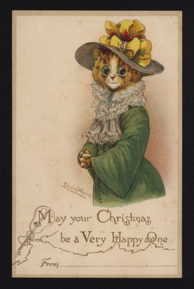 Chat portant un chapeau et un manteau de femme, carte de vœux de Noël - Louis Wain