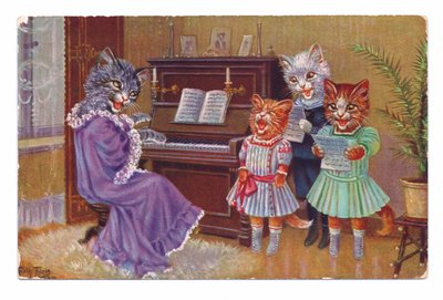 Carte postale édouardienne de quatre chats habillés en humains autour d