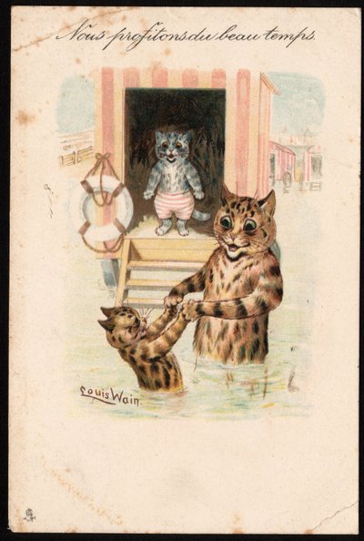 Nous profitons du beau temps. Animaux en posture humaine. Bain de mer de chats en vacances. Carte postale. Chromolithographie de Louis Wain (1860-1939), artiste anglais connu pour sa représentation de chats aux grands yeux. Début du 20ème siècle. Collectio - Louis Wain