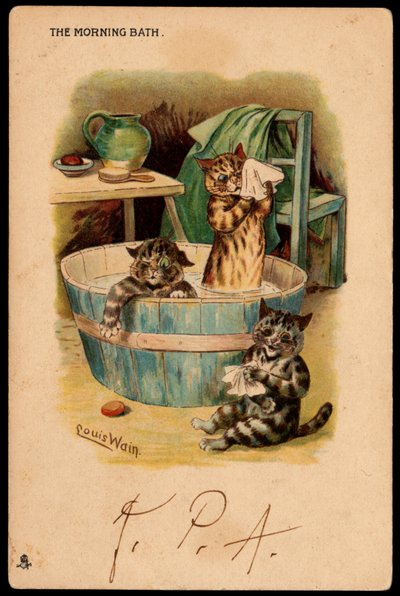 Le bain du matin. Animaux en posture humaine. Chats prenant leur bain dans une bassine. Carte postale. Chromolithographie de Louis Wain, début du 20e siècle - Louis Wain