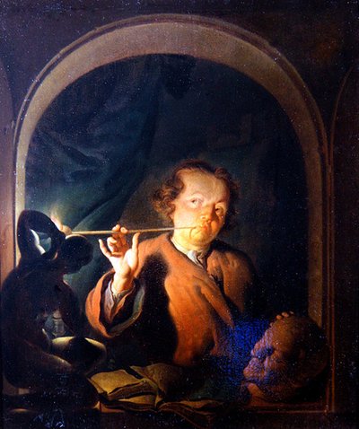 Un Homme allumant une Pipe à une Fenêtre - Louis de Moni