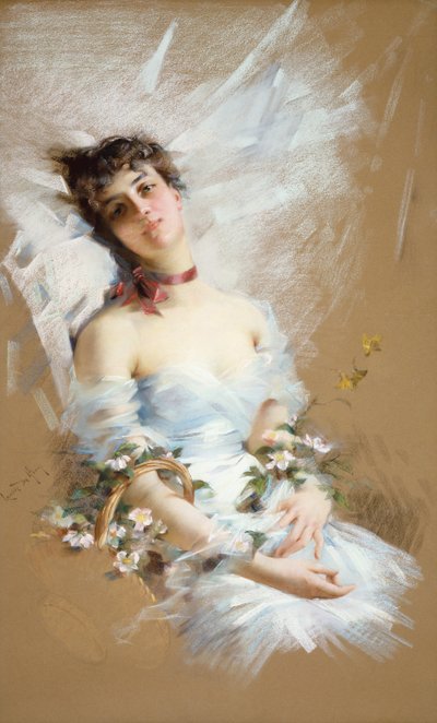 Beauté allongée avec des paniers de fleurs - Louise De Hem