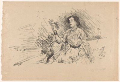 Fille lisant, assise par terre - Lovis Corinth (signed by artist)