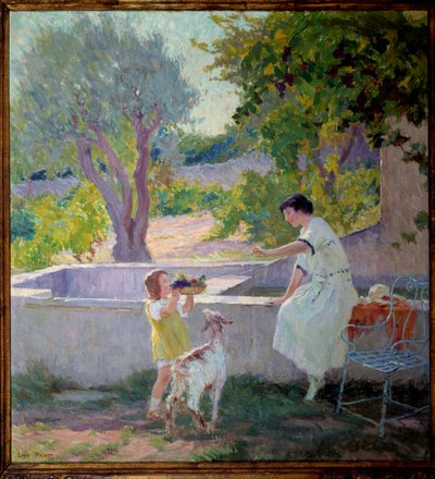 Madame Prat et sa fille dans le jardin avec la petite chèvre - Loys Prat