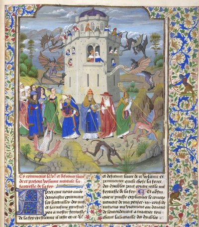 Forteresse de la Foi Miniature des Saints Grégoire, Augustin, Jérôme et Ambroise combattant des démons, fin du 15e siècle - Loyset Liedet