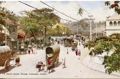 Scène de rue, Pettah, Colombo, Ceylan, vers 1900-20 (photographie colorisée à la main) - Ltd. Ceylon Plâté