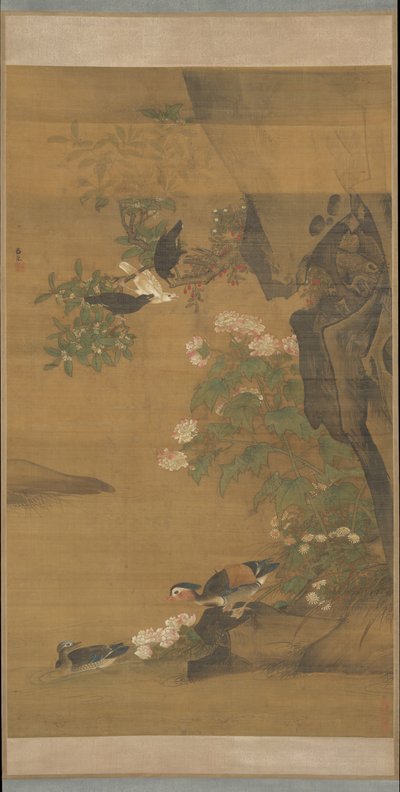 Canards mandarins et hibiscus rose de coton - Lu Ji