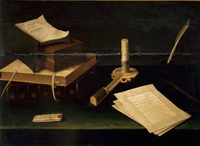 Nature morte de livres, plume, lettre et bougie - Lubin Baugin