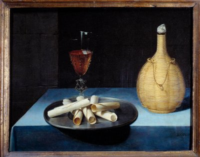 Nature morte au dessert de gaufrettes, bouteille de vin et verre - Lubin Baugin