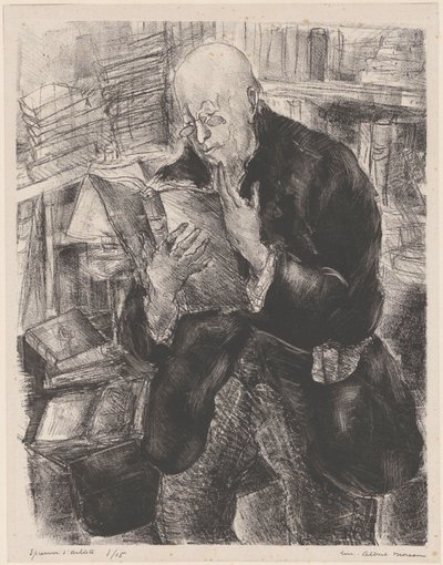 Homme lisant dans une bibliothèque - Luc Albert Moreau (signed by artist)