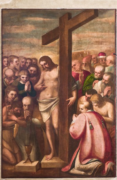 Gênes, Duomo (cathédrale Saint-Laurent), sacristie, chapelle : "Christ eucharistique adoré par les saints", par Luca Cambiaso, vers 1580 - Luca Cambiaso