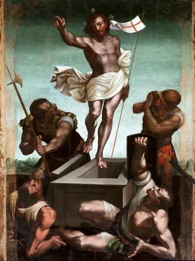 La résurrection Jésus-Christ tient une croix au bout de laquelle flotte un drapeau blanc (étendard) frappé d