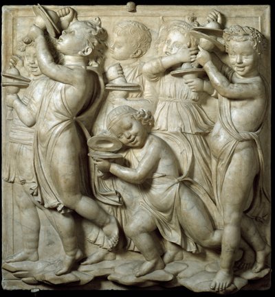 Panneau de la Cantoria : enfant jouant des cymbales. Haut-relief en marbre par Luca della Robbia 1431-1438 - Luca Della Robbia