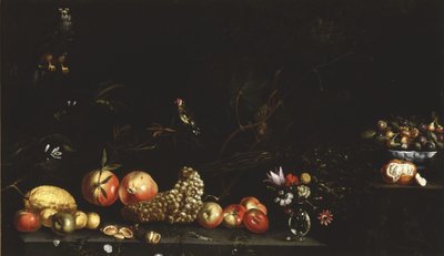 Nature morte avec fruits, fleurs, un faucon et un chardonneret, 1620-30 - Luca Forte