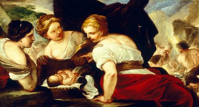 Les filles de Cécrops ouvrant le panier contenant le bébé Érichthonios, par Luca Giordano (1634-1705) - Luca Giordano