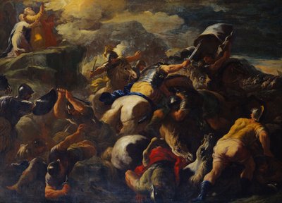 La bataille entre les Israélites et les Amalécites, Aaron et Hur soutenant les bras de Moïse sur une colline au-delà - Luca Giordano