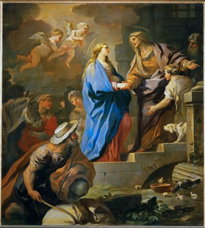La visitation. Sainte Marie visite Elisabeth, épouse de Zacharie et mère de Saint Jean-Baptiste (peinture sur toile) - Luca Giordano