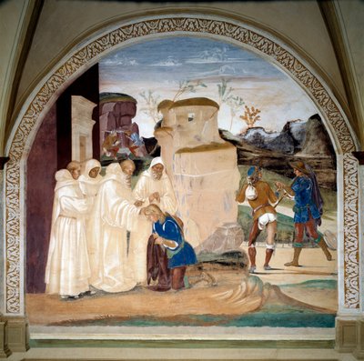 Vie de Saint Benoît de Nursie (ca. 480-547) : Benoît admoneste le frère du moine Valérien qui a rompu son jeûne - Luca Signorelli