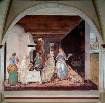 Vie de Saint Benoît de Nursie (ca. 480-547) : Comment Benoît a dit aux moines où et quand il est prévu de manger en dehors du monastère - Luca Signorelli