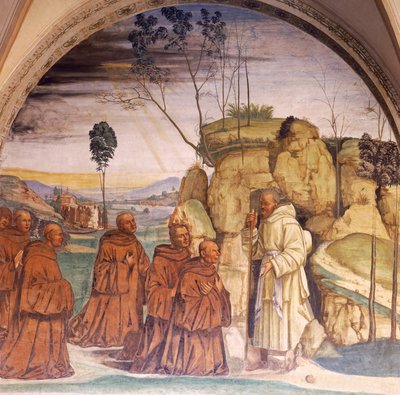 Histoires de Saint Benoît, fresques par Luca Signorelli dans le cloître de Saint Benoît à Monte Oliveto, Sienne, (détail) - Luca Signorelli