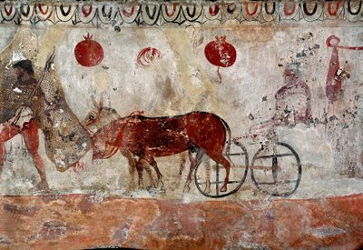 Un gardien de troupeau et deux ânes Fresque lucanienne du IVe siècle av. J.-C., de la nécropole de Paestum, Italie. Musée national archéologique, Paestum - Lucanian School