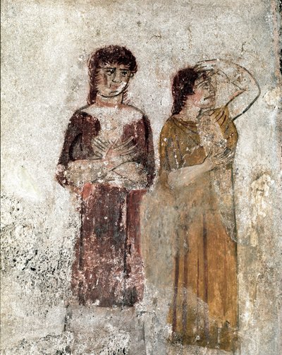 Portrait de deux femmes Fresque lucanienne du 4e siècle av. J.-C., provenant de la tombe du Cavalier, site de Paestum, Italie. Museo nazionale archeologico, Paestum - Lucanian School
