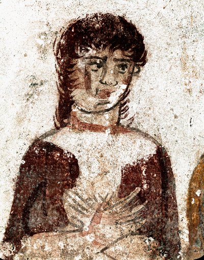 Portrait de femme Fresque lucanienne du 4ème siècle av. J.-C., de la Tombe du Cavalier, site de Paestum, Italie. Museo nazionale archeologico, Paestum - Lucanian School