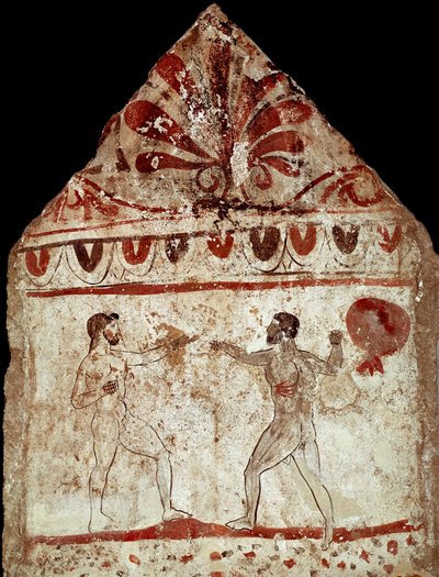 Deux athlètes jouant au pugilat (boxe) Fresque lucanienne du 4ème siècle av. J.-C., de la nécropole de Paestum, Italie. Museo nazionale archeologico, Paestum - Lucanian School