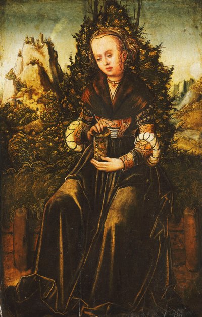 Sainte Marie-Madeleine assise sur un talus herbeux dans un paysage montagneux - Lucas Cranach