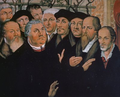 Martin Luther avec des représentants de la Réforme protestante, à droite Melanchthon, au centre Érasme de Rotterdam, (détail) - Lucas the Elder Cranach
