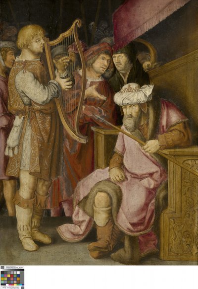 David jouant de la harpe pour Saül - Lucas van (after) Leyden