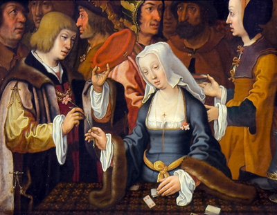 Le lecteur de cartes, fin XVIe-début XVIIe siècle (Huile sur bois) - Lucas van (after) Leyden