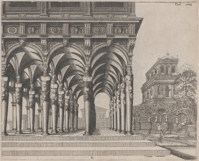 Loggia avec termes de satyre et un jardin - Lucas van Doetechum and Johannes
