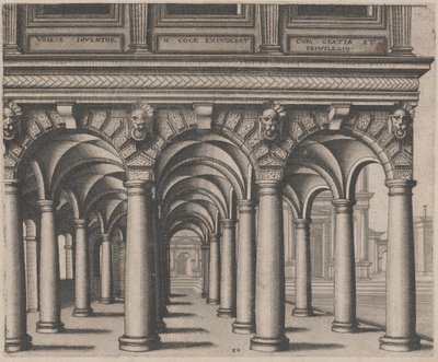Hall Ouvert Soutenu par des Colonnes Toscanes avec une Place de Ville à Droite - Lucas van Doetechum and Johannes
