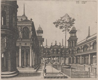 Place avec un bâtiment circulaire à gauche et un obélisque en arrière-plan - Lucas van Doetechum and Johannes