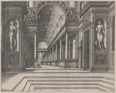 Vue dans une église avec colonnes corinthiennes et statues d