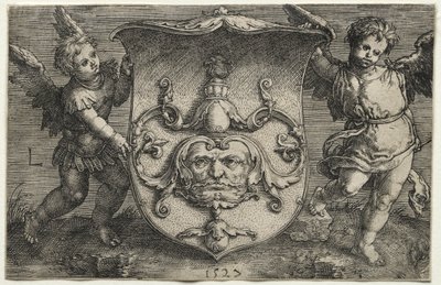 Un bouclier portant un masque soutenu par deux génies - Lucas van Leyden