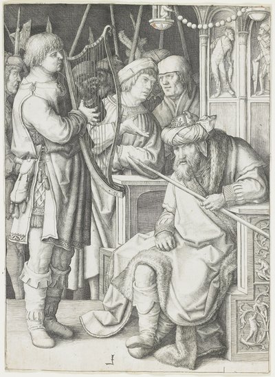 David jouant de la harpe devant Saül, c. 1508 - Lucas van Leyden