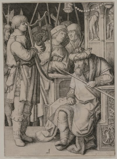 David jouant de la harpe devant Saül, vers 1508 - Lucas van Leyden