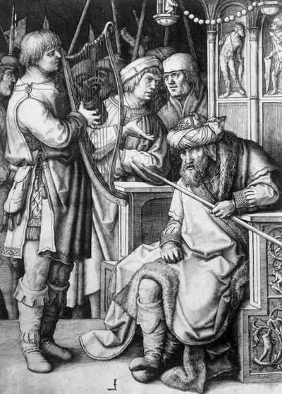 David jouant de la harpe devant le roi Saül, vers 1508, par Lucas van Leyden, gravure - Lucas van Leyden