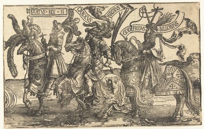 Les héros Roi Arthur, Charlemagne et Godefroy de Bouillon
Les neuf héros (titre de la série) - Lucas van Leyden