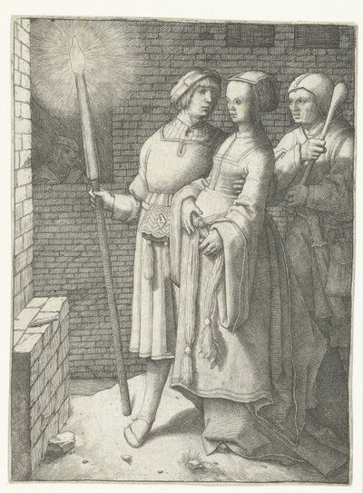 Jeune homme avec une torche, une femme et un bouffon - Lucas van Leyden