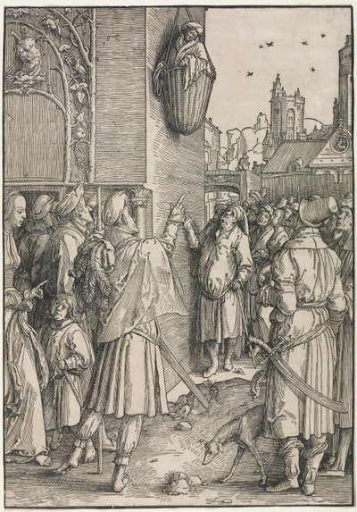 Le pouvoir des femmes : Le poète Virgile suspendu dans un panier - Lucas van Leyden