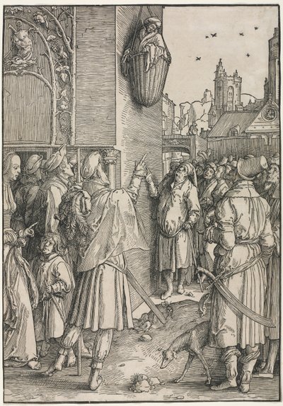 Le Pouvoir des femmes : Le poète Virgile suspendu dans un panier, vers 1512 - Lucas van Leyden