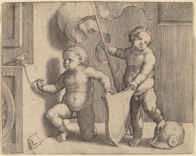 Deux enfants nus soutenant un bouclier vierge - Lucas van Leyden