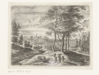 Paysage forestier avec deux femmes et un garçon avec un panier - Lucas van Uden