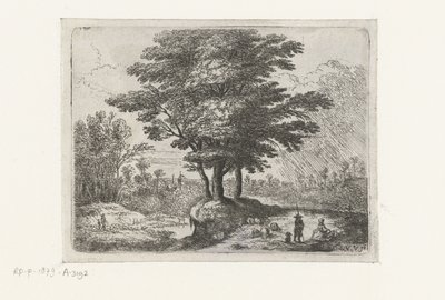 Trois arbres, un berger avec des moutons et un chien - Lucas van Uden