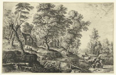 Paysage avec hommes poussant une charrette - Lucas van Uden